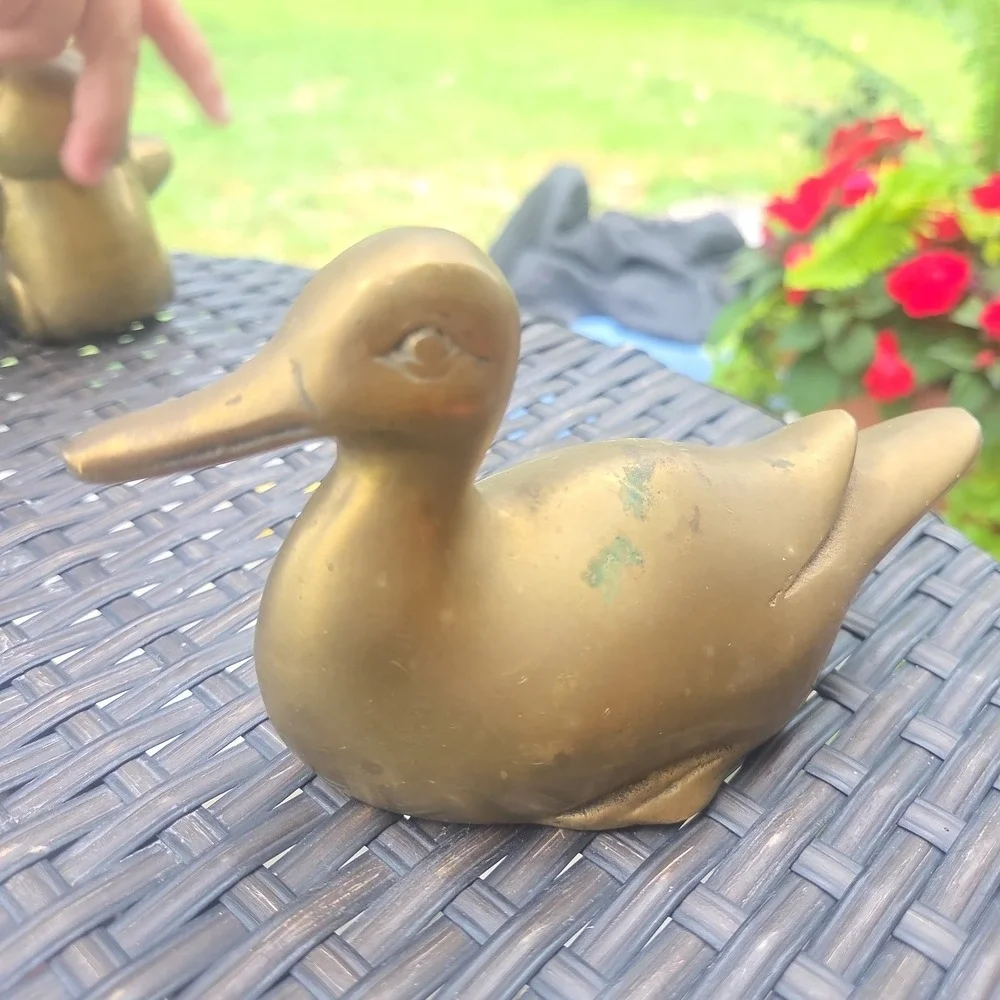 Vintage Solid Brass Duck Green Patina Tarnish Easter Cottage Cabin Core